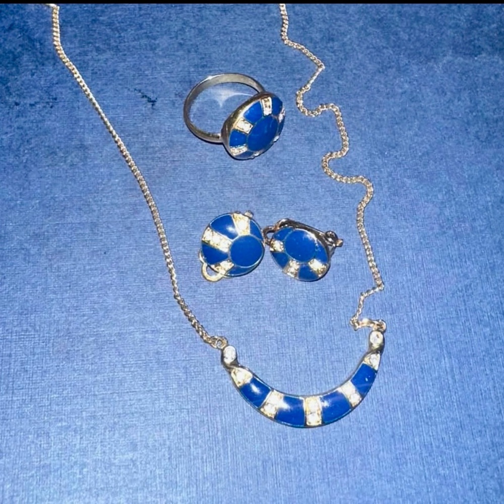 Gold-Plated Diamond and Blue Enamel Jewelry Set